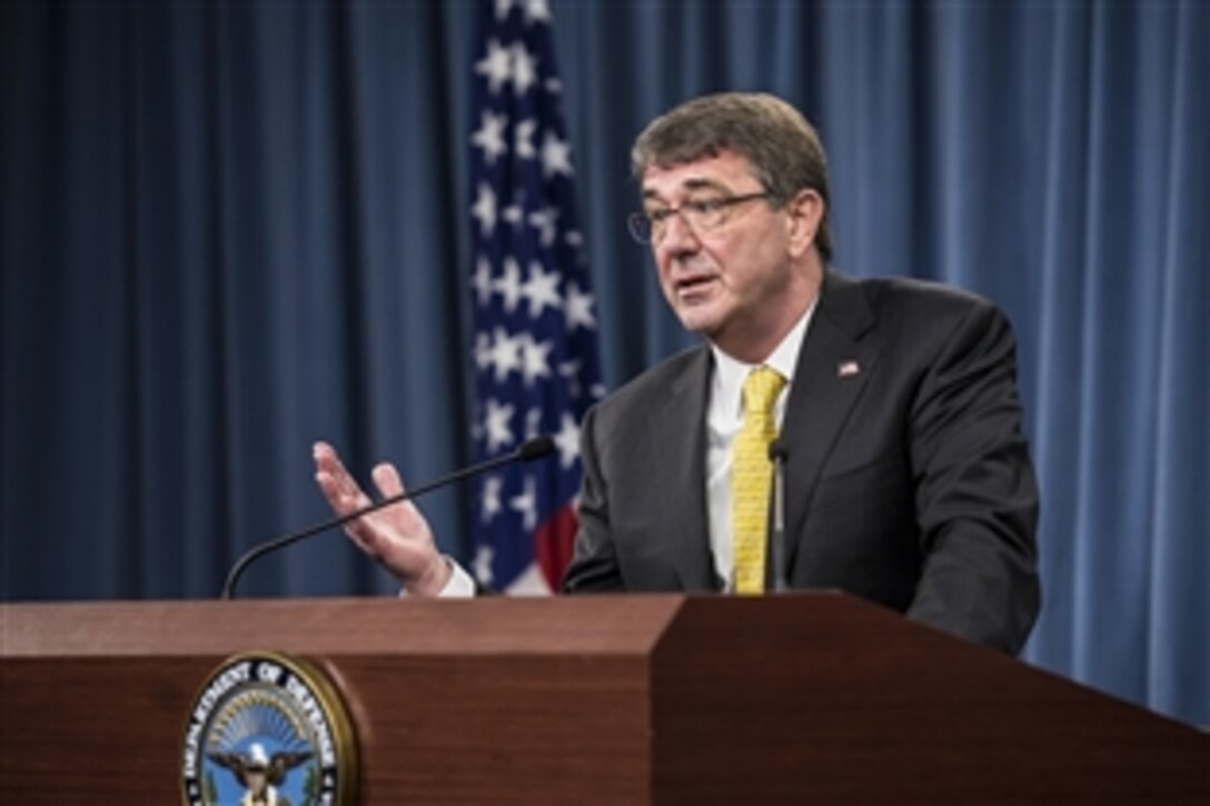Defense Secretary Ash Carter responds to questions during a press briefing at the Pentagon, May 7, 2015. Army Gen. Martin E. Dempsey, chairman of the Joint Chiefs of Staff, joined Carter during the news conference.