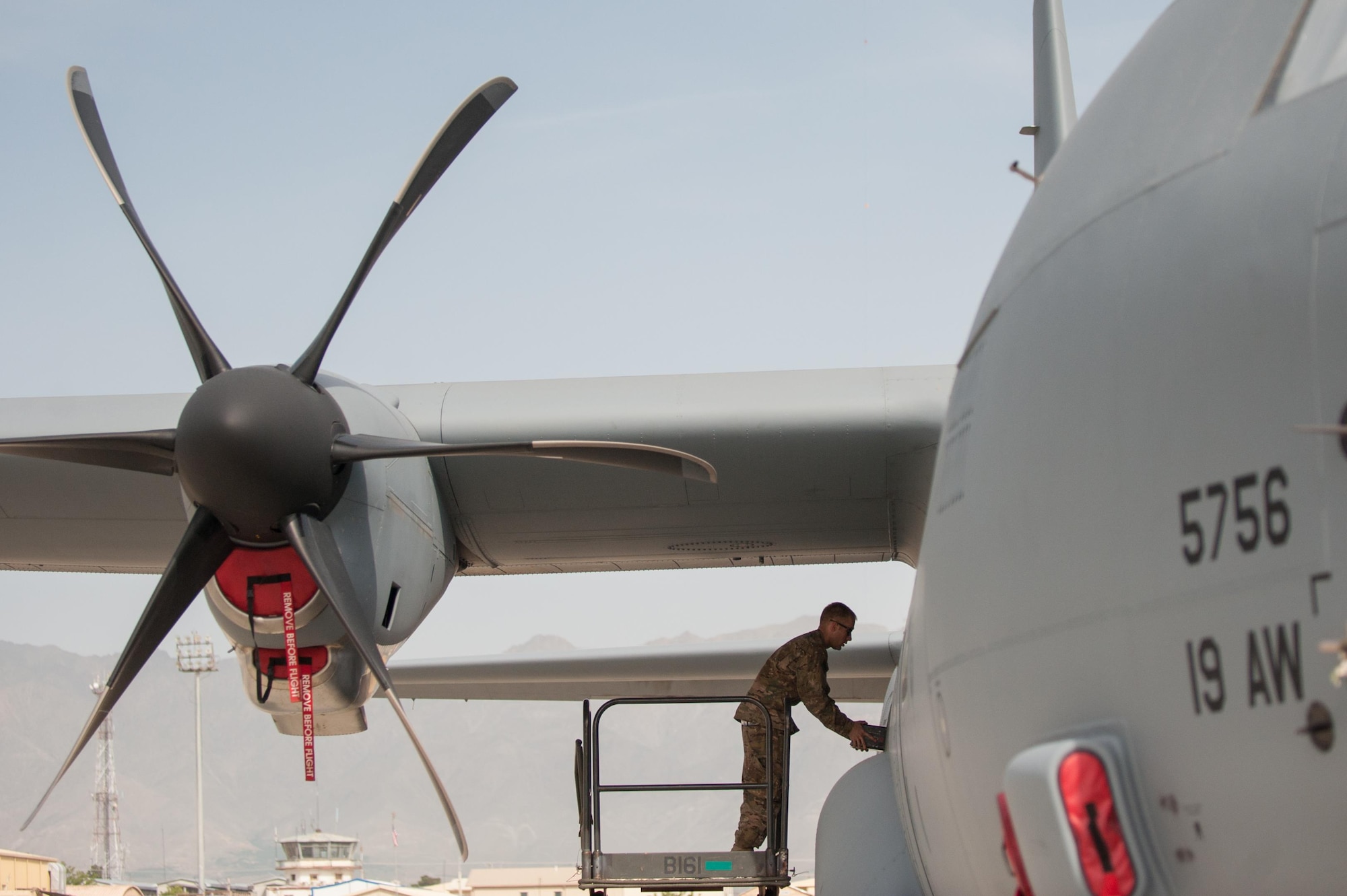 U.S. Air Force Staff Sgt. Brett Ruhser, assigned to the 455th Expeditionary Aircraft Maintenance Squadron, installs a flare pod on a C-130J Super Hercules aircraft at Bagram Airfield, Afghanistan, May 5, 2015.  The 455th EAMXS ensure Super Hercules on Bagram are prepared for flight and return them to a mission-ready state once they land.  (U.S. Air Force photo by Tech. Sgt. Joseph Swafford/Released)