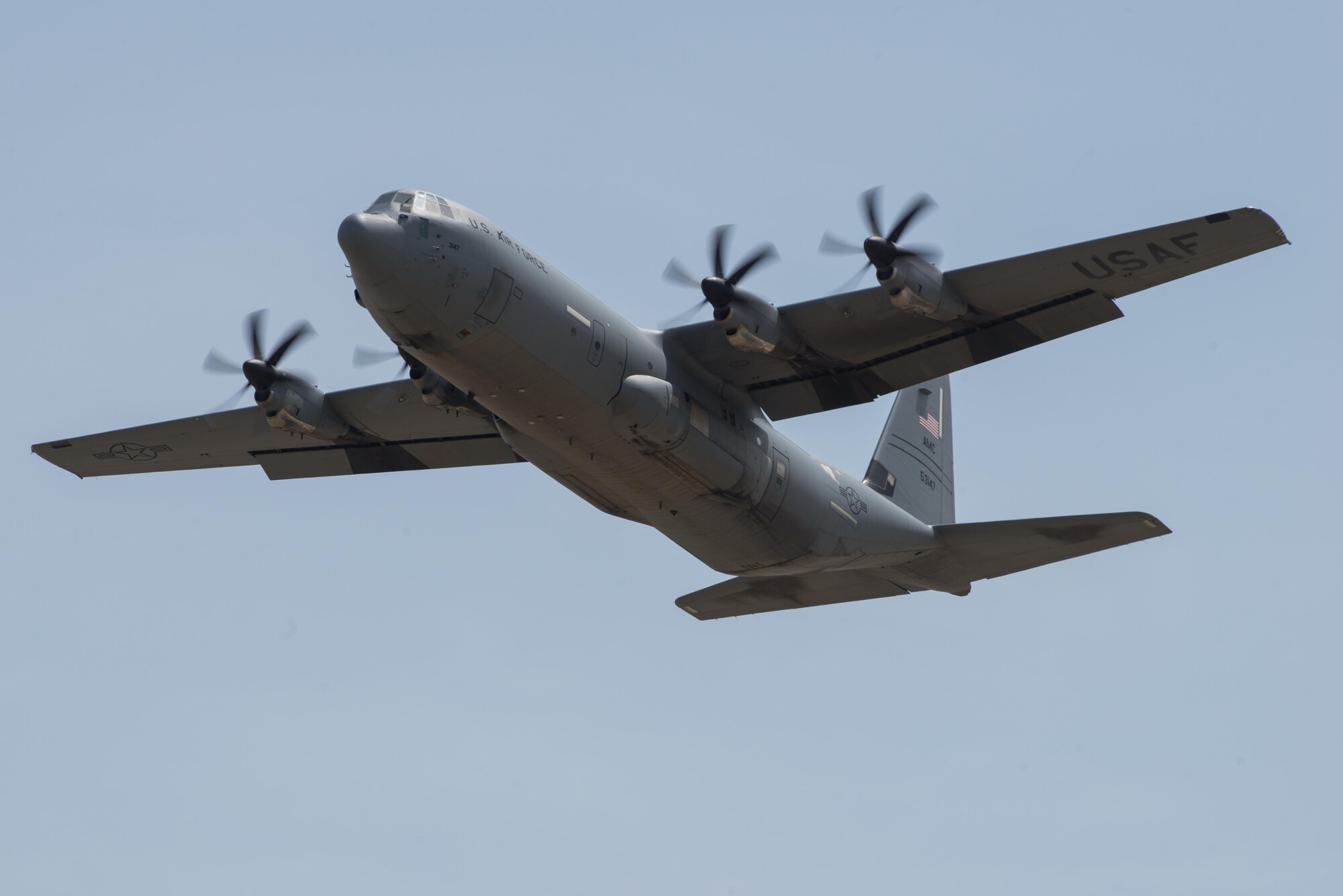 A U.S. Air Force C-130J Super Hercules aircraft takes off from Bagram Airfield, Afghanistan, after receiving maintenance from the 455th Expeditionary Aircraft Maintenance Squadron, May 5, 2015. The 455th EAMXS ensure Super Hercules on Bagram are prepared for flight and return them to a mission-ready state once they land. (U.S. Air Force photo by Tech. Sgt. Joseph Swafford/Released)
