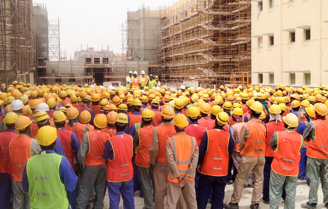 Workers with the Bahrain Resident Office conducted a Construction Safety Stand-Down May 4th at the P935/940 (Transient Bachelor Quarters) construction site where projects reached one million man-hours free of safety violations or accidents.   Area Engineer Shahzada Shahrukh spoke to workers about the importance of safety in the workplace, particularly about Fall Prevention. The P935/940 projects reached one million man-hour free of safety violations or accidents.   