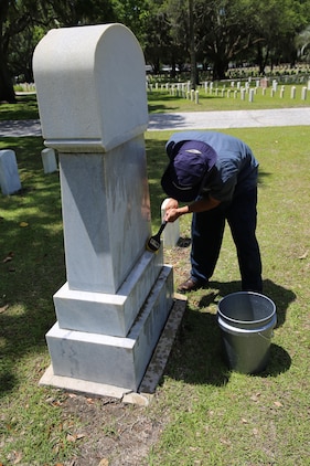 Beaufort community service members, veterans and civilians lent a helping hand and helped clean the Beaufort National Cemetery, May 5. The cleanup event is held annually to get the cemetery ready for Memorial Day ceremonies held on May 25. Volunteers planted new grass, cleaned and weeded mulch beds, and scrubbed as many of the 21,000 pearl white headstones that cover the cemetery grounds as possible.