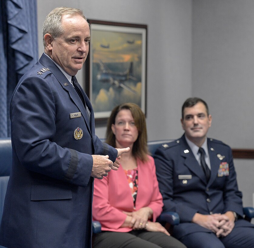 Air Force Chief of Staff Gen. Mark A. Welsh III speaks to the audience during the 2014 General and Mrs. Jerome F. O'Malley Award ceremony in the Pentagon May 8, 2015, in Washington. The annual award recognized Col. and Mrs. Mark August, the wing commander and spouse team whose contributions to the nation, Air Force, and local community best exemplified the highest ideals and positive leadership of a military couple in a key Air Force position.  Col. and Mrs. August received the award for their time as the commander and spouse at the 374th Airlift Wing, Yokota Air Base, Japan.  (U.S. Air Force Photo/Michael J. Pausic)