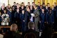 President Barack Obama congratulates Lt. Gen. Michelle D. Johnson, the superintendent of the U.S. Air Force Academy, after he presented the Academy football team with the Commander-in-Chief's Trophy at the White House May 7, 2015. (U.S. Air Force photo/Scott M. Ash)