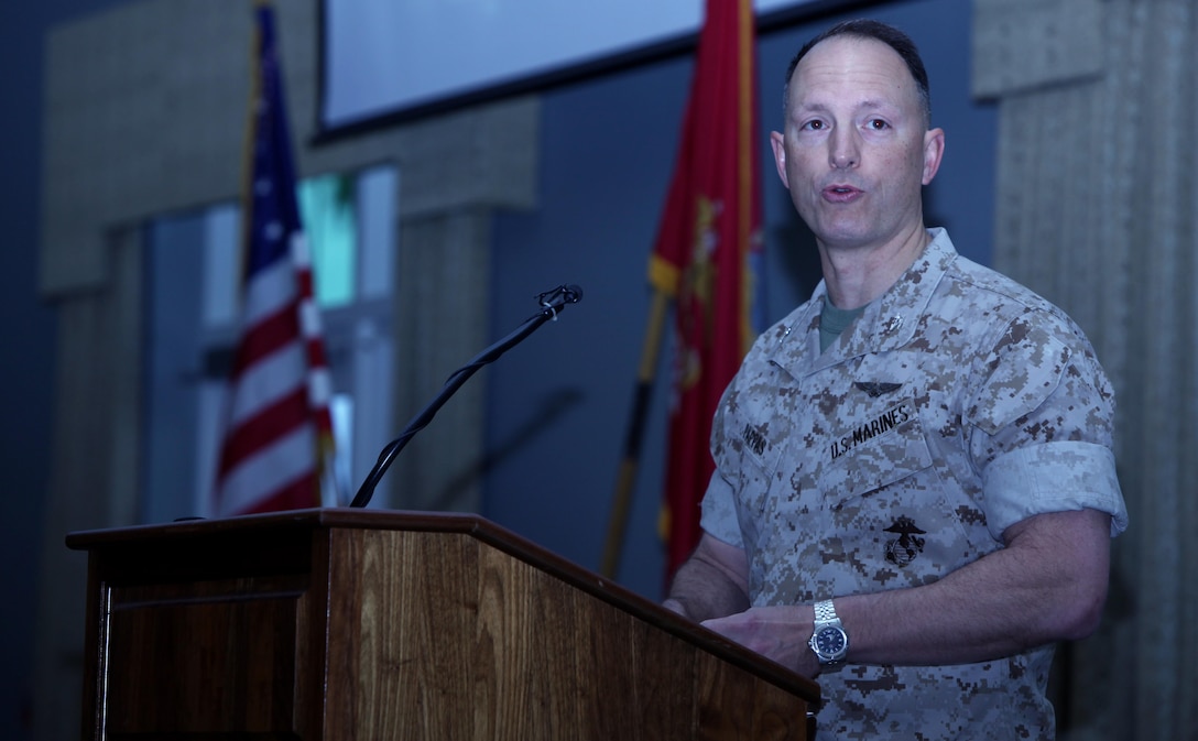Col. Chris Pappas III, commanding officer of Marine Corps Air Station Cherry Point, North Carolina, speaks of the importance of faith during the National Day of Prayer breakfast at the air station, May 7, 2015.