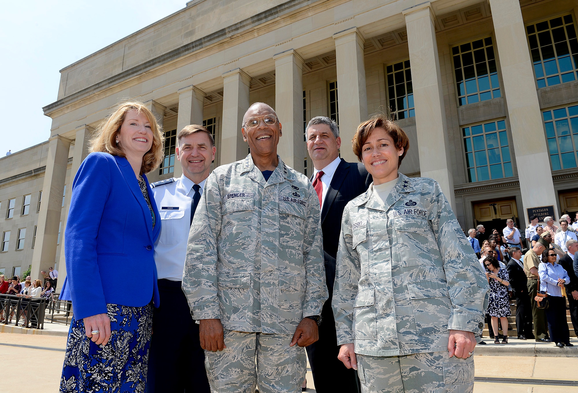Lisa S. Disbrow, the acting under secretary of the Air Force; Lt. Gen. Stephen L. Hoog, the assistant Air Force vice chief of staff; Gen. Larry O. Spencer, the Air Force vice chief of staff; Dr. William A. LaPlante, the assistant secretary of the Air Force for Acquisition; and Maj. Gen. Gina Grosso, the director of the Air Force Sexual Assault Prevention and Response Office; stand in front of the Pentagon for a photo during the Arsenal of Democracy Flyover May 8, 2015, in Washington, D.C. (U.S. Air Force photo/Scott Ash)
