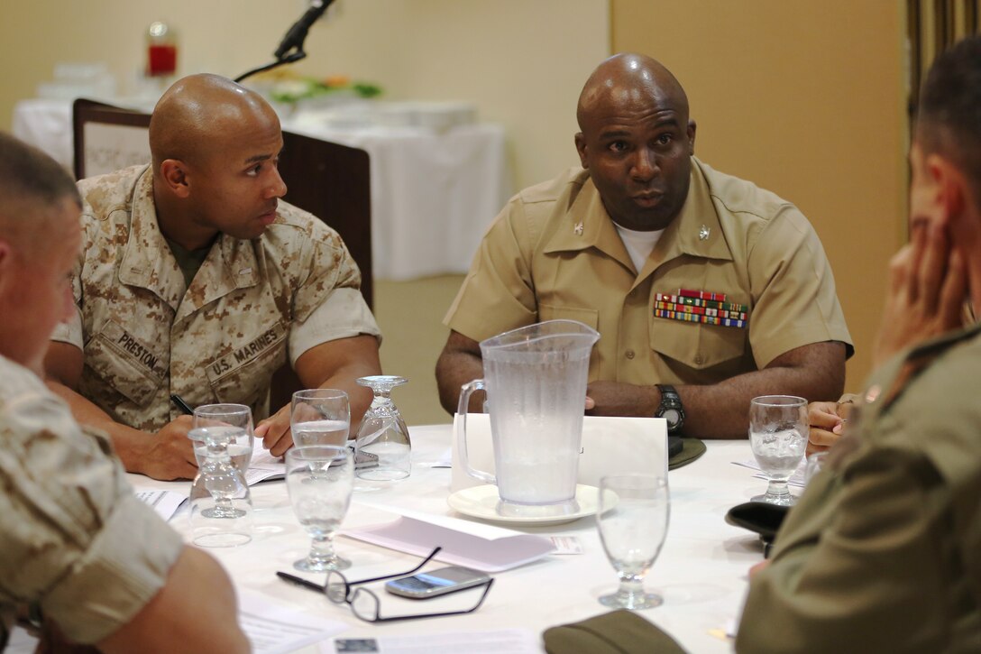 Col. Grady A. Belyeu Jr., Assistant Chief of Staff, Comptroller, 1st Marine Expeditionary Force, mentors young officers during the Camp Pendleton and Miramar chapter of the National Naval Officers Association's 2nd Annual Senior Leader Mentorship Seminar at the Pacific Views Event Center, May 8. The Senior Leader Mentorship Seminar featured a mentor panel of seven senior officers from various commands aboard Camp Pendleton.
