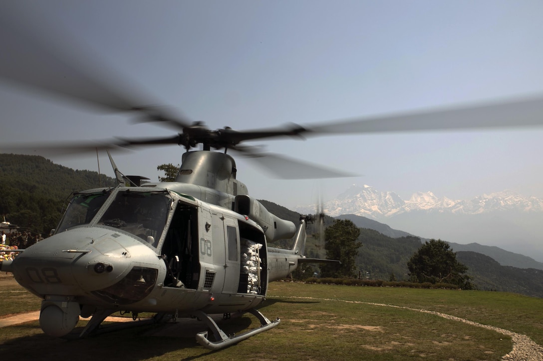 A U.S. Marine UH-1Y Huey loaded with supplies lands in Charikot, Nepal, May 8. U.S. Marines and Nepalese soldiers delivered supplies to Charikot and other the rural areas of Nepal. The Nepalese government requested assistance from U.S. Agency for International Development after the 7.8 magnitude earthquake struck their country April 25. In response to the Nepal earthquake, the U.S. military sent Marines, Airmen, Soldiers and Sailors as part of Joint Task Force 505 at the direction of USAID. The U.S. Marine Corps continues to work hand-in-hand with the Nepalese government through USAID as part of Joint Task Force-505.