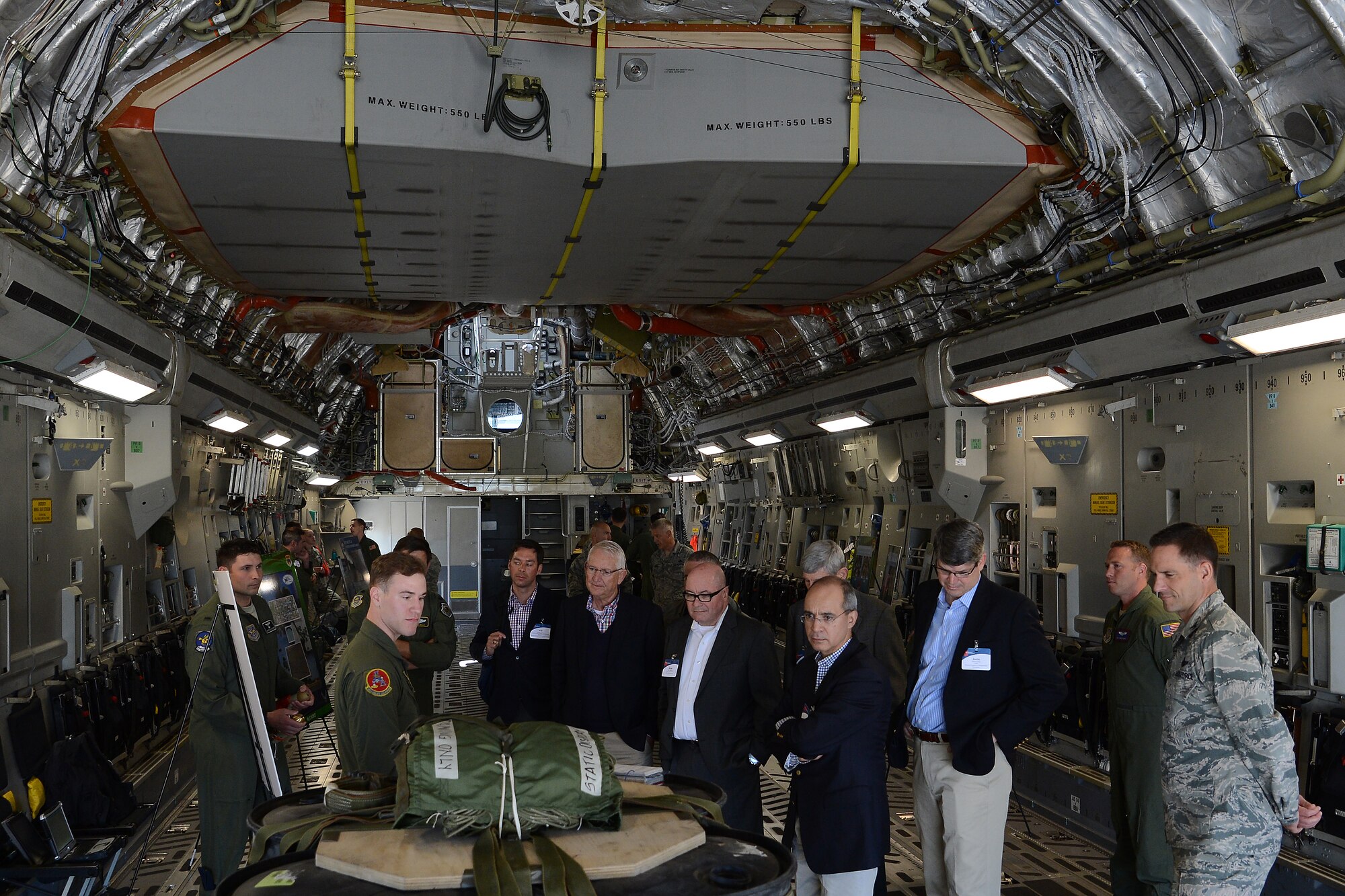 Members of the Business Executives for National Security receive a tour of a C-17 Globemaster III, May 7, 2015, at Joint Base Lewis-McChord, Wash. The BENS members learned about the capabilities of the C-17 and the specialized missions the 62ndand 446th Airlift Wings use it for, to include air drop, aeromedical evacuation, Antarctic operations and more. (U.S. Air Force photo\Staff Sgt. Tim Chacon)