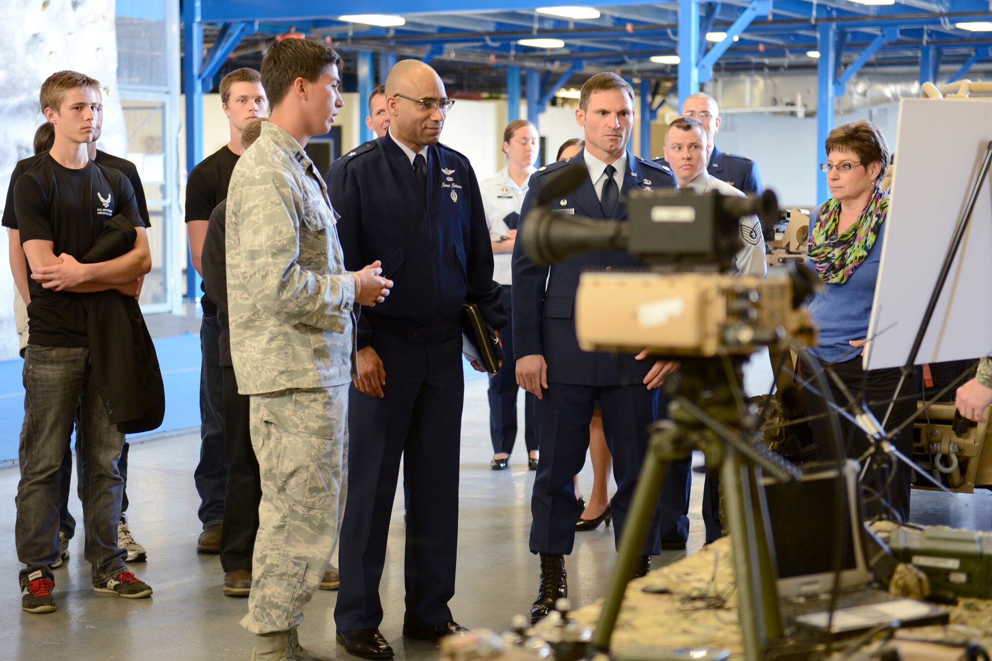 Capt. Edward Foulon (left), 22nd Special Tactics Squadron director of operations, gives an explanation of their mission to Brig. Gen. James Johnson, Air Force Recruiting Service commander, May 7, 2015, at Joint Base Lewis-McChord, Wash. During his time at JBLM, Johnson visited the 361st Recruiting Squadron headquarters along with the 22nd STS. (U.S. Air Force photo/Airman 1st Class Keoni Chavarria)