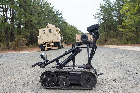 An Explosive Ordnance Disposal robot is prepared for use during a field training exercise on Joint Base McGuire-Dix-Lakehurst, N.J. May 6, 2015. EOD uses robots, controlled by video game-style controllers, to allow Airmen to diffuse an IED or explosive from a safe distance. (U.S. Air Force photo by Airman 1st Class Joshua King