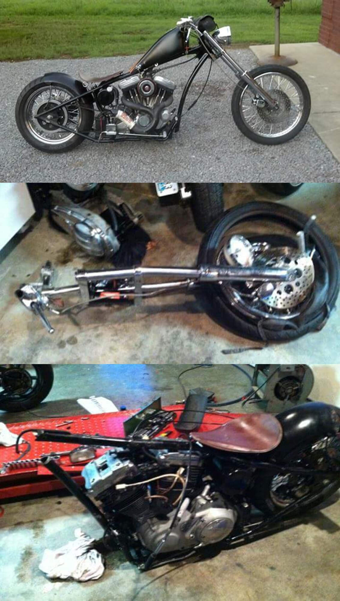 A motorcycle accident on July 26, 2012 left Jimmy Richardson, an instrument technician with the ATA Test Operations Branch, with severe injuries and years of physical therapy. His motorcycle is shown broken in half by the accident as well as a before-photo in this photo compilation. (Photo provided)