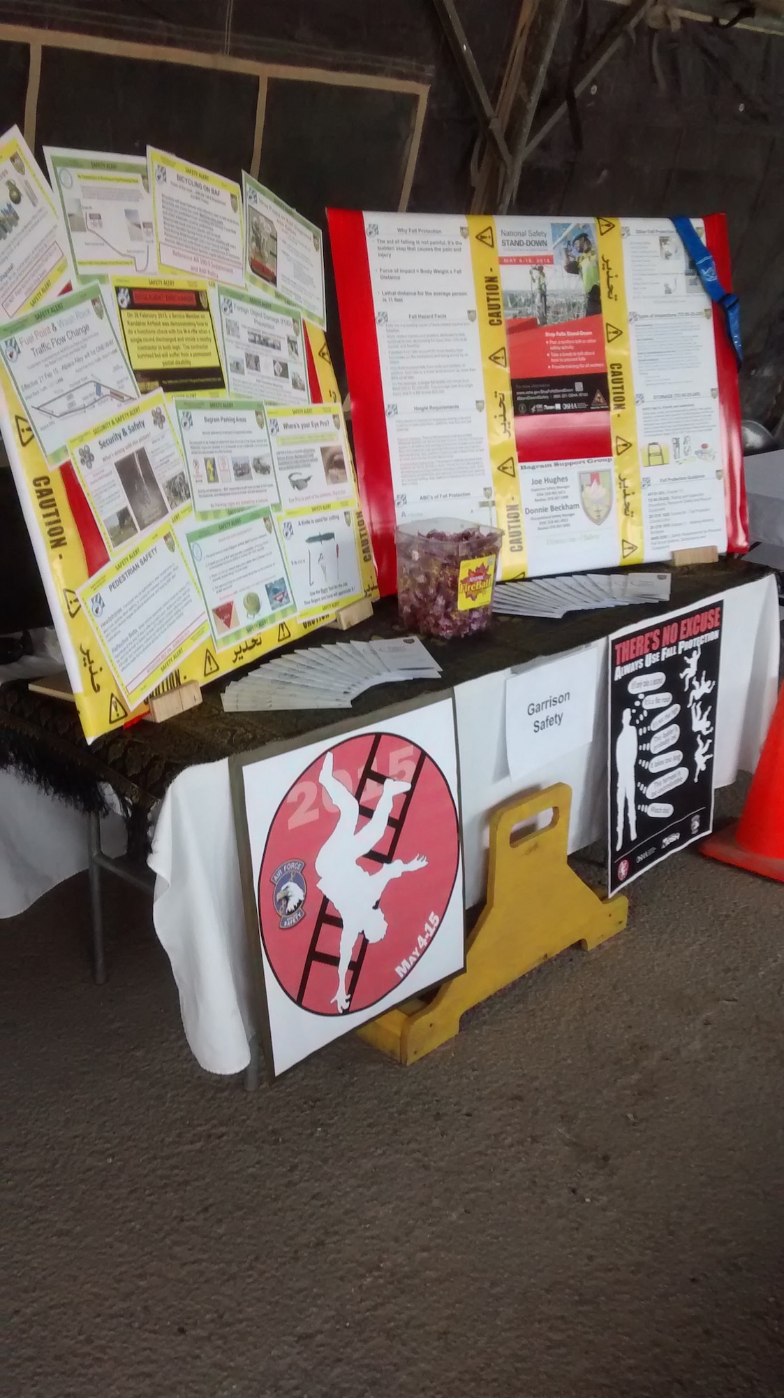 The 455 Air Expeditionary Wing Safety Team created this display to highlight Fall Protection Focus Weeks at Bagram Airfield, Afghanistan. (Courtesy photo)
