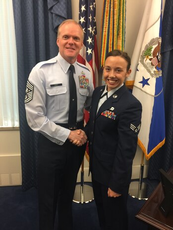 Senior Airman Samantha Varden shakes hands with Chief Master Sergeant of the Air Force James A, Cody during a recent visit to Washington D.C. Varden is the 437th Airlift Wing command chief's executive admin. (Courtesy photo)