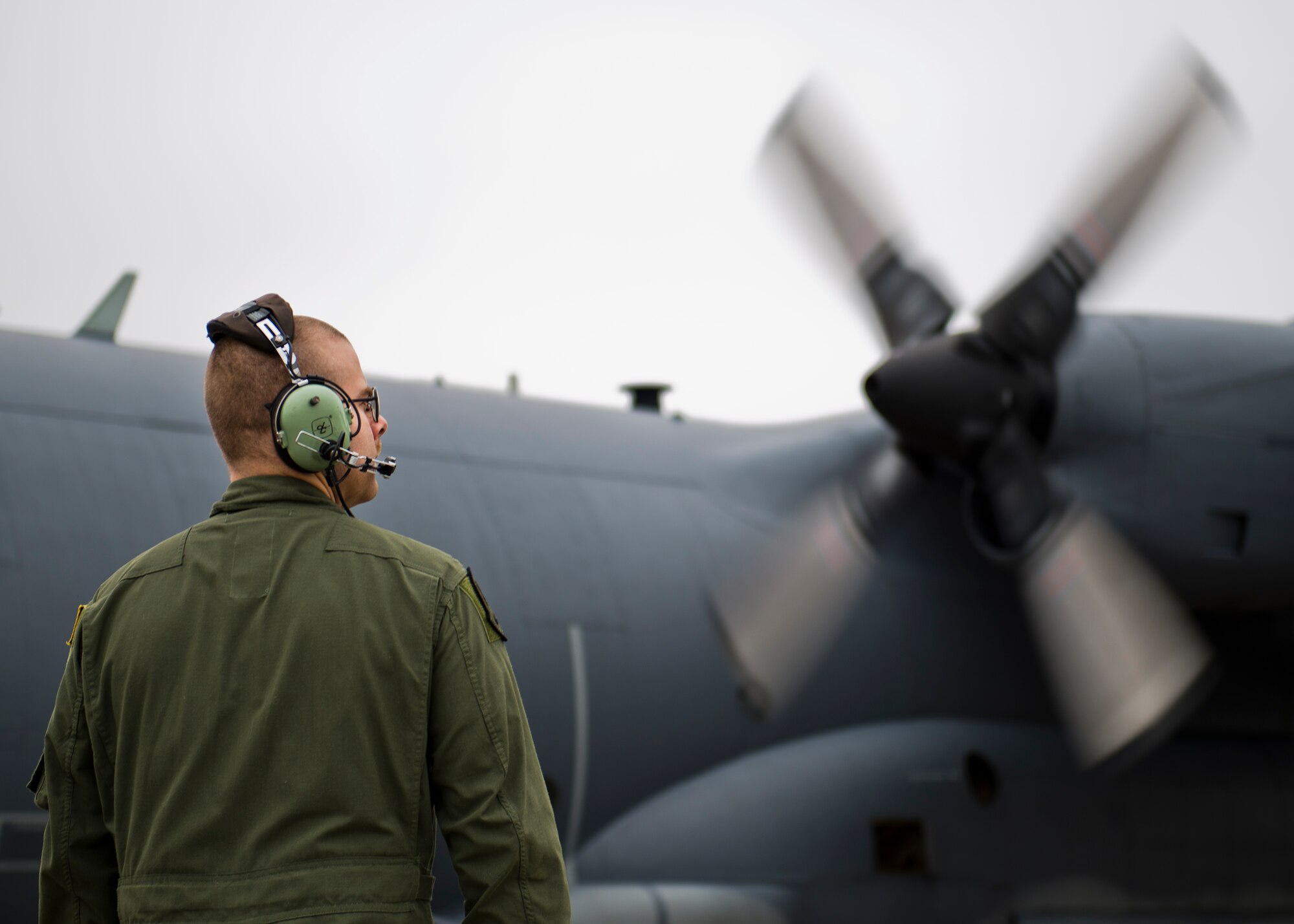 Tech. Sgt. James Kitchen, 413th Flight Test Squadron, watches as the blades of an AC-130W engine begin to spin prior to a test mission at Eglin Air Force Base, Fla.  The 413th has three flights that perform developmental and qualification testing on Air Force Special Operations Command and rotor aircraft to include C-130s, CV-22s and UH-1s.  The three flights are geographically separated at Hurlburt Field, Eglin and Duke Field.  (U.S. Air Force photo/Samuel King Jr.)