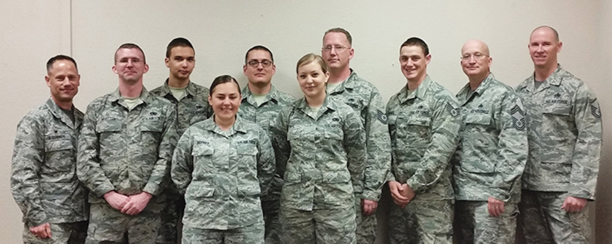 Members of the 58th Maintenance Group executed a CV-22 Maintenance Qualification Training Program. Several of those involved in the program were, from left, Col. Michael O’Connor, Staff Sgt. Zachary Whitten, Airman 1st Class Aaron Byl, Senior Airman Amanda Dalhmer, Staff Sgt. Jody Payne, Airman 1st Class Lauren Pape, Tech. Sgt. Kenneth Johnson, Staff Sgt. Casey Warner, Chief Master Sgt. Steve Poiani, and Master Sgt. Shannon Tabor. (Courtesy photo)