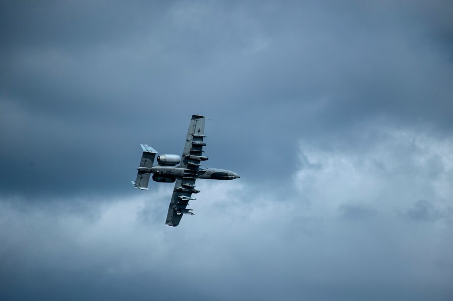 An A-10 Thunderbolt II attack aircraft flies over the airfield during Exercise Hedgehog May 7, 2015, at Ämari Air Base, Estonia. The A-10 supports Air Force missions around the world as part of the U.S. Air Force's current inventory of strike platforms, including the F-15E Strike Eagle and the F-16 Fighting Falcon fighter aircraft. (U.S. Air Force photo by Senior Airman Rusty Frank/Released)