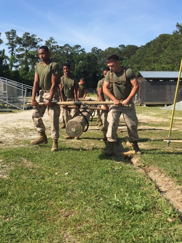 Marines from BE 5-15 work together to move a log without the use of heavy equipment.