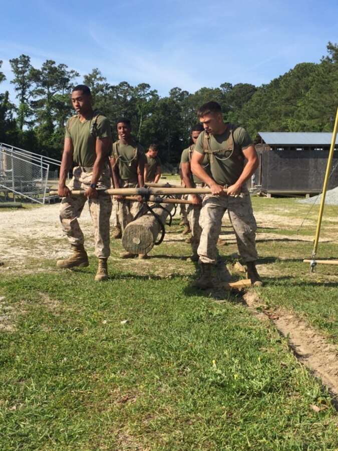 Marines from BE 5-15 work together to move a log without the use of heavy equipment.