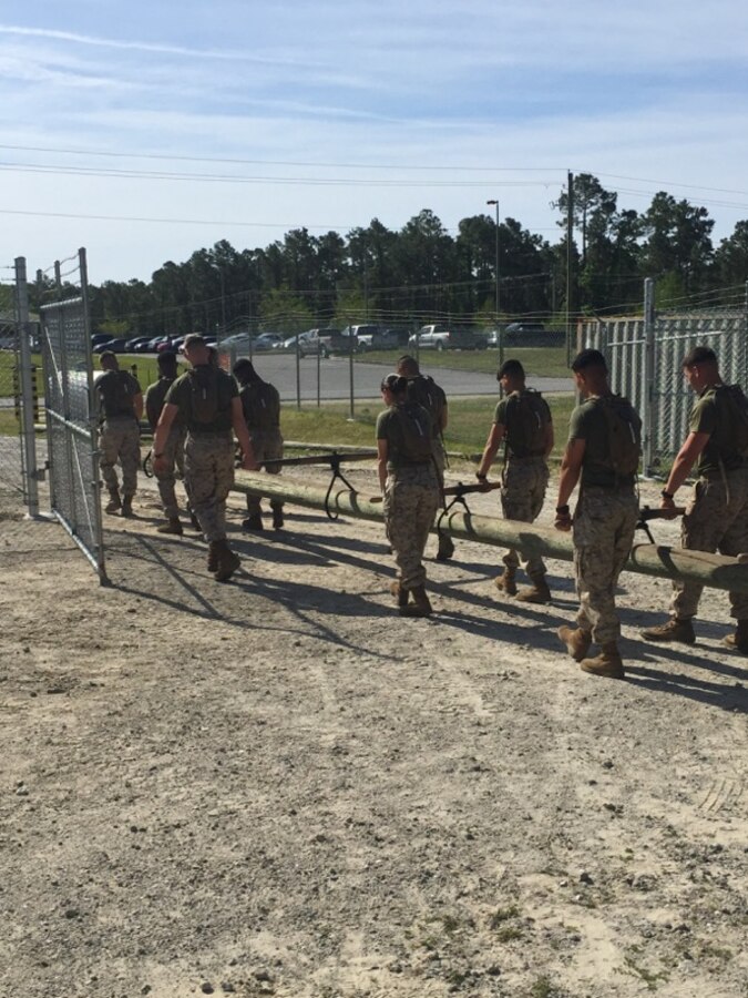 Marines from BE 5-15 work together to move a log without the use of heavy equipment.