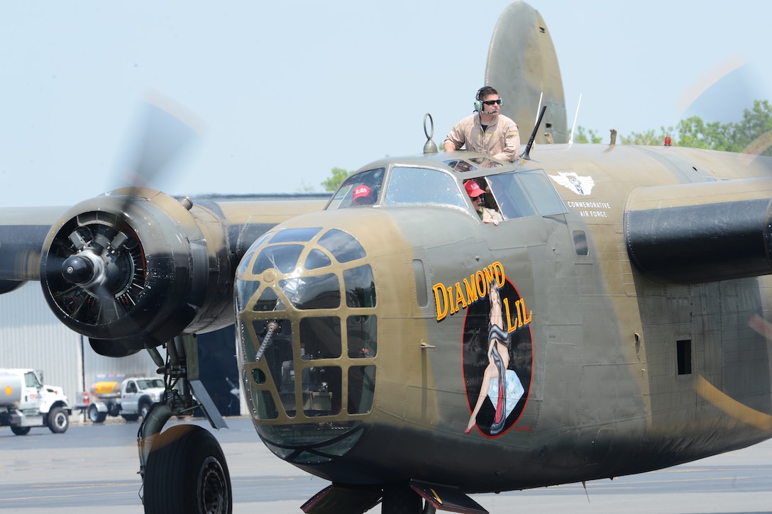A Commemorative Air Force World War II B-24 bomber aircraft taxis at Manassas Regional Airport in Manassas, Va., after a successful practice mission during the Arsenal of Democracy Flyover media day, May 7, 2015.