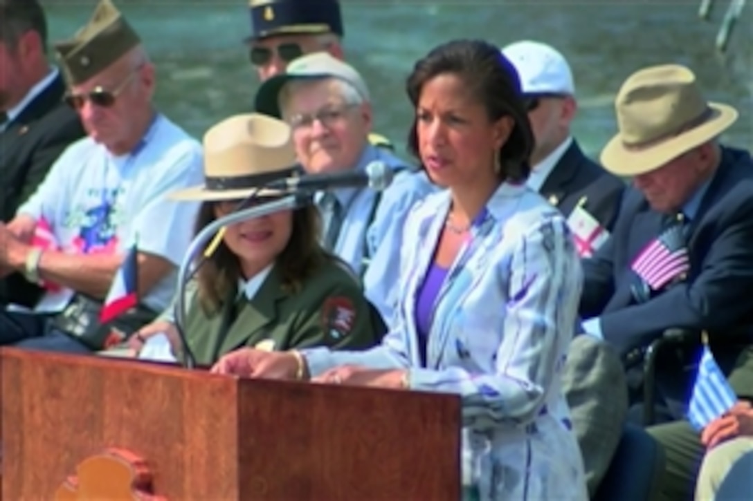 Susan E. Rice, the U.S. national security advisor, offers comments during the ceremony to mark the 70th anniversary of Victory in Europe Day at the National World War II Memorial on the National Mall in Washington, D.C., May 8, 2015.