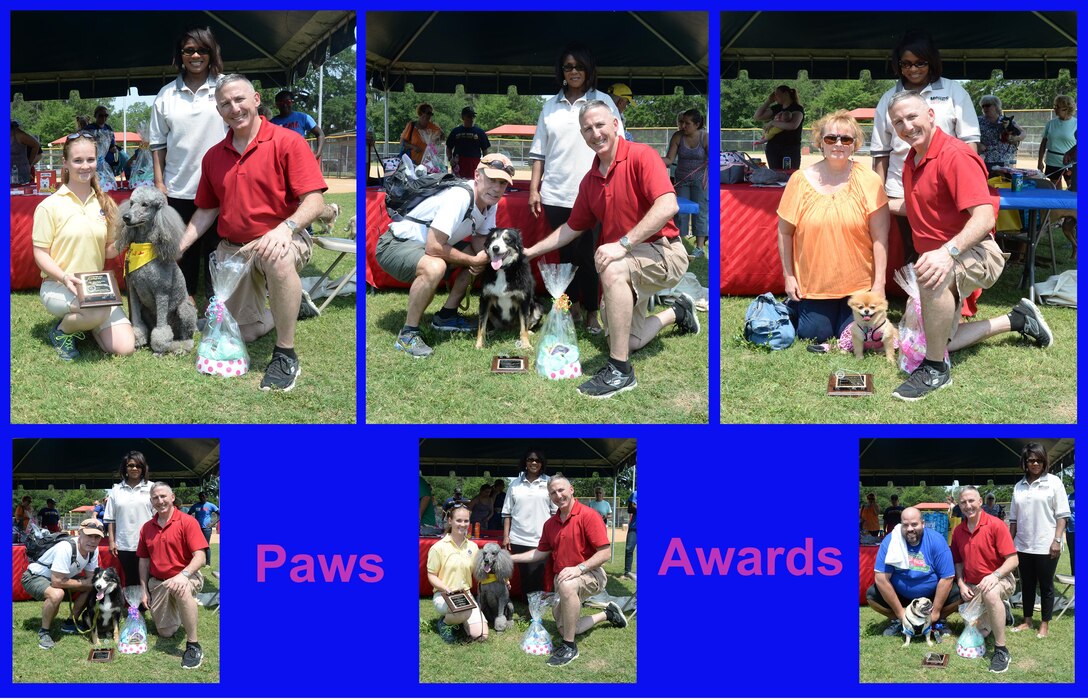 Marine Corps Logistics Base Albany hosts its 2nd annual Paws at the Park event at Crouch Field Ball Park, here, May 9. The activity, coordinated by Marine Corps Community Services drew a crowd of pet owners and vendors from Albany and neighboring communities. (Top: left to right) First place recipients were awarded trophies for obedience, tricks and best dressed, respectively. (Bottom: left to right) Second place canines were awarded trophies for obedience, tricks and best dressed, respectively, as well.