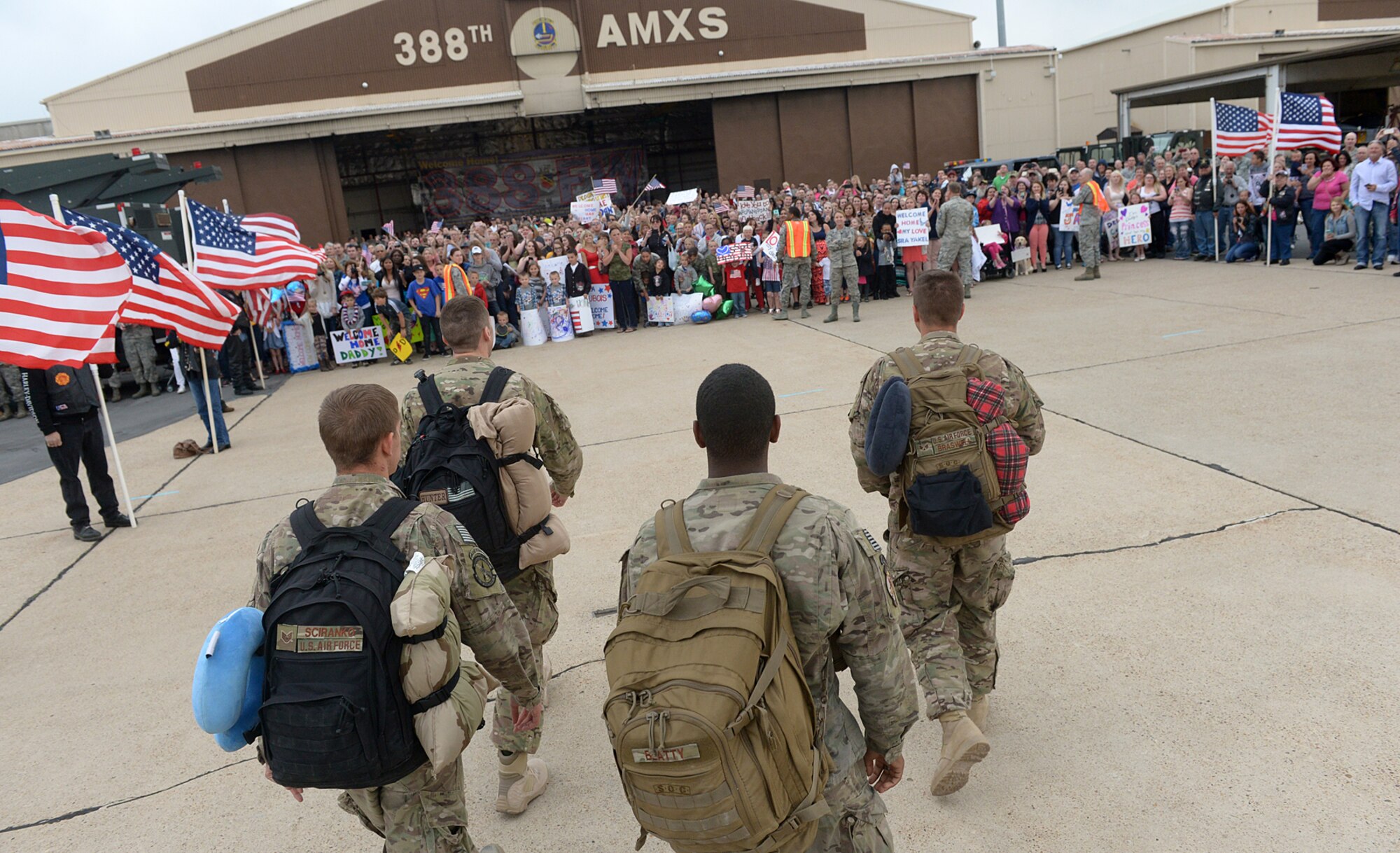 Hill AFB Airmen coming home from a six-month deployment in Afghanistan deplane and head toward their friends and family. Pilots, maintenance, and operations support personnel from the 388th Fighter Wing and 419th Fighter wing were assigned to the 455th Expeditionary Operations Group alongside Airmen from Hill's active-duty 388th Fighter Wing. The deployment is part of Operation Freedom's Sentinel, which aims to maintain security and stability in the area following Operation Enduring Freedom, which officially concluded in 2014.(U.S. Air Force/Alex R. Lloyd)