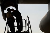 Staff Sgt. Senh Vong, left, and Senior Airman Jaren Rykse, sheet metal and aircraft structural maintainers with the 374th Maintenance Squadron, perform repairs on the engine of a C-130 Hercules, April 29, 2015 at Yokota Air Base, Japan. All four engines of the aircraft underwent repairs after a routine annual inspection. (U.S. Air Force photo by Airman 1st Class Elizabeth Baker/Released)