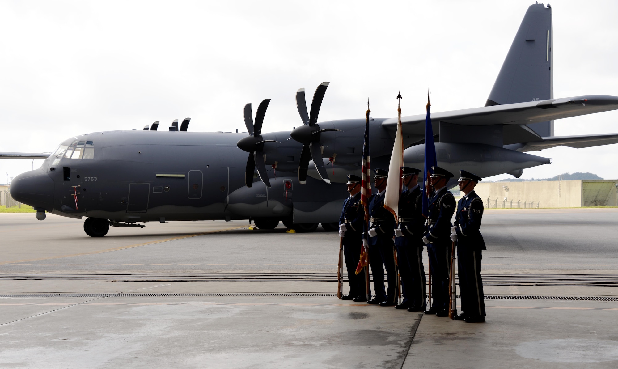 Members from the base honor guard prepare to present the colors during the 353rd Special Operations Group Assumption of Command ceremony May 8, 2015 on Kadena Air Base, Japan.  During the ceremony, Col. William C. Freeman assumed command of the 353rd SOG,  AFSOC’s only Special Operations Group operating in the Pacific.  (U.S. Air Force photo by Tech. Sgt. Kristine Dreyer)