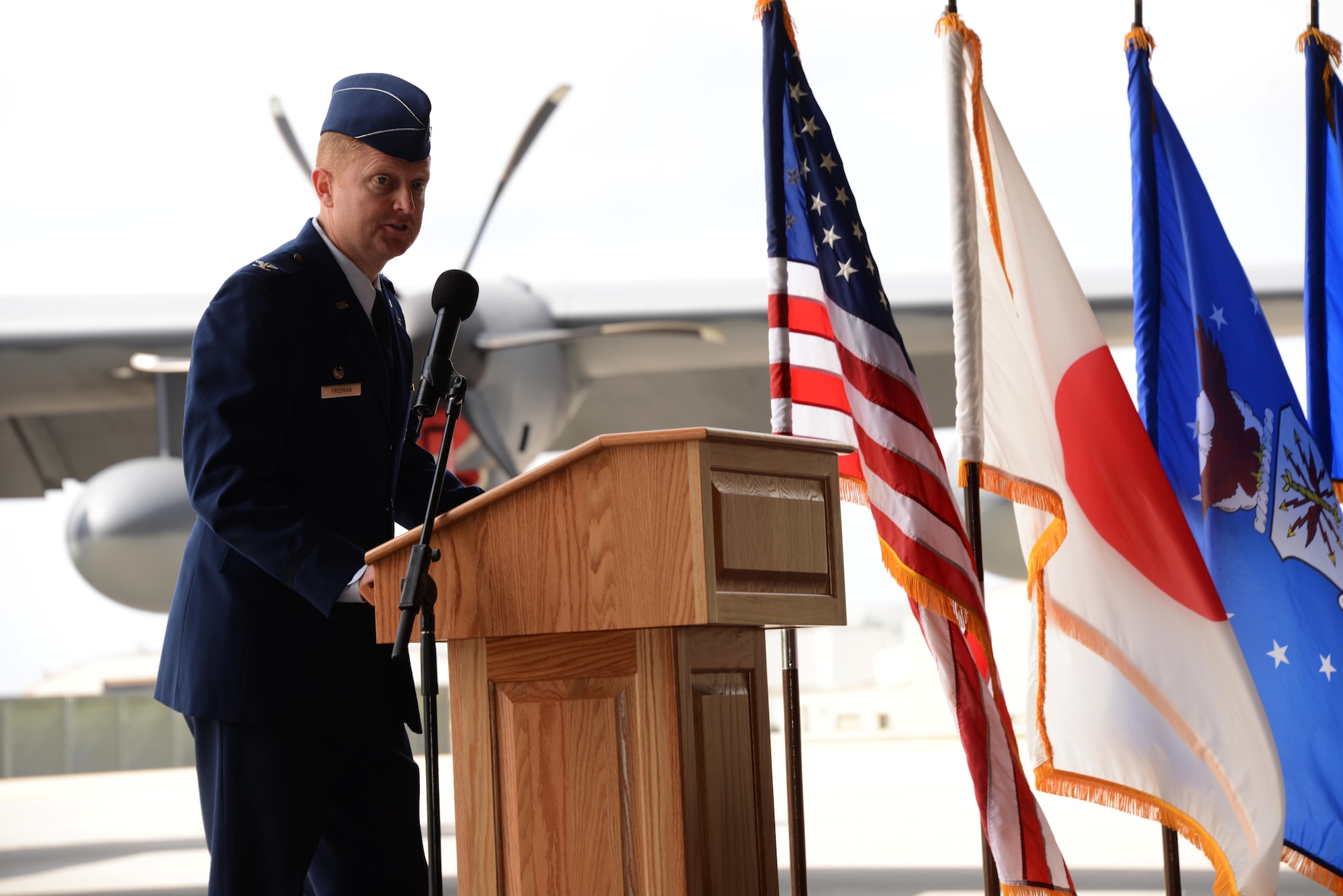 Col.  William C. Freeman, 353rd Special Operations Group commander, addressed the group, during an Assumption of Command ceremony held May 8, 2015 on Kadena Air Base, Japan.  The 353rd Special Operations Group is the only Air Force Special Operations unit in PACOM.  (U.S. Air Force photo by Tech. Sgt. Kristine Dreyer)