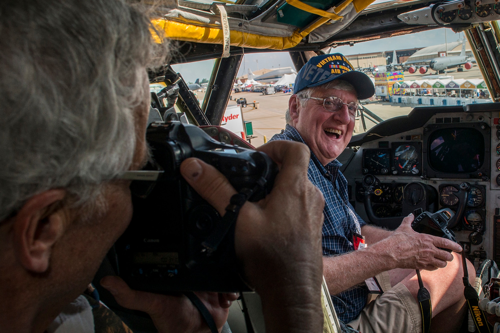 Members of the UTapao Alumni Association tour the cockpit of a 307th Bomb Wing B-52H Stratofortress on May 1, 2015, Barksdale Air Force Base, La. The association is comprised of Vietnam Veterans who served at the UTapao Royal Thai Navy Airfield, Thailand, from 1966-1975. (U.S. Air Force photo by Master Sgt. Greg Steele)
