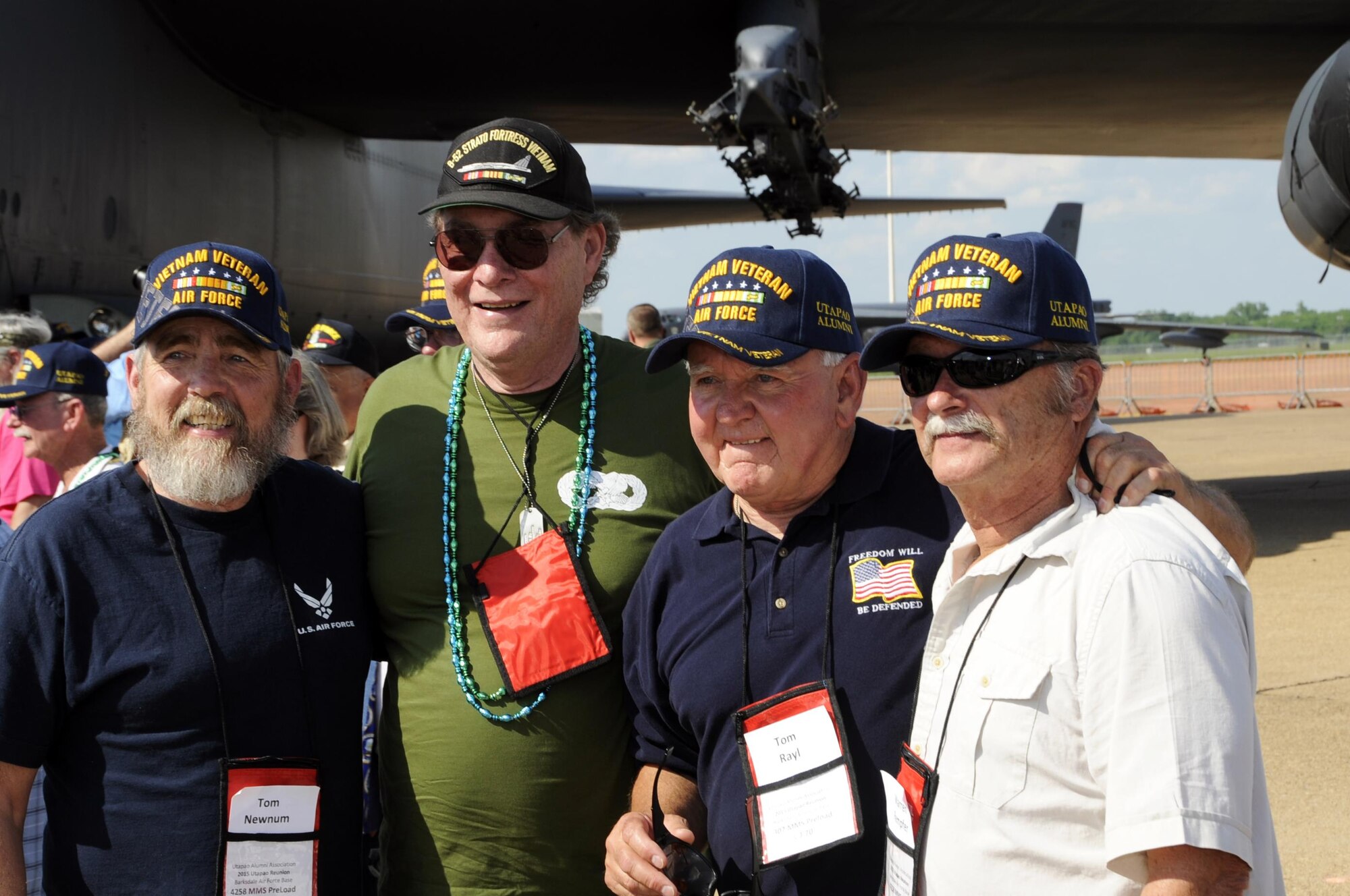 Four friends reunite at the dedication of a B-52, the Lone Star Lady II, in memoriam to the Vietnam Veterans at the Defenders of Liberty Air Show at Barksdale Air Force Base, La. on May 1, 2015. The veterans were surprised with the unveiling of the new nose art on the B-52. The original Lone Star Lady was a B-52 that flew over Vietnam during Strategic Air Command’s Operation Linebacker II in 1972. (U.S. Air Force photo by Master Sgt. Laura Siebert)