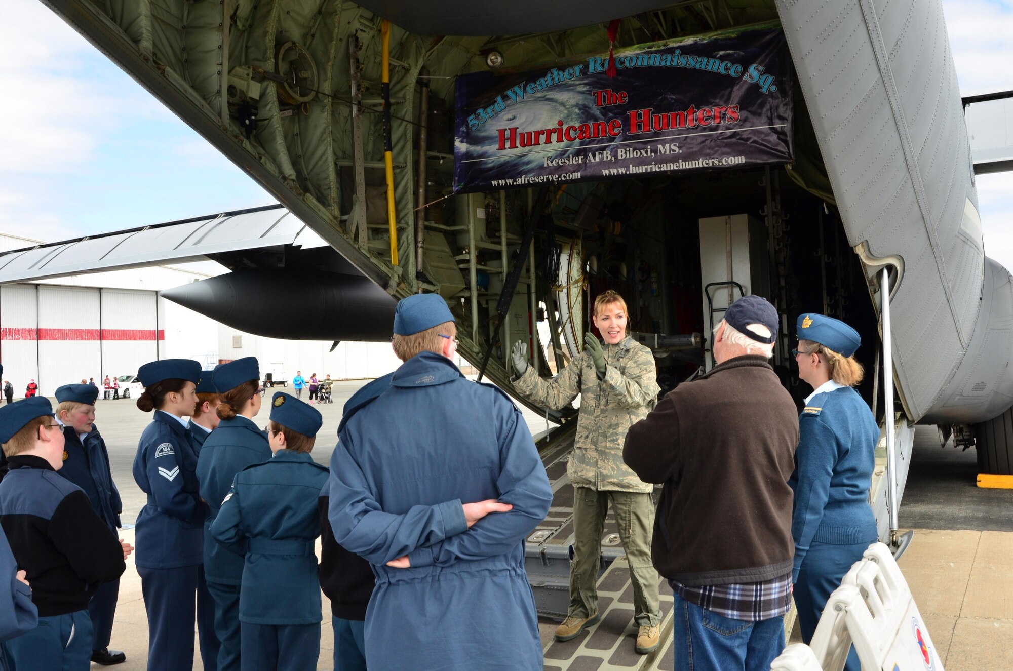Maj. Nicole Mitchell, an Aerial Reconnaissance Weather Officer speaks with Canadian Air Cadets during the Halifax, Nova Scotia stop of the 2015 Hurricane Awareness Tour at the Halifax-Stanfield International Airport May 3. (U.S. Air Force Photo/Master Sgt. Brian Lamar)