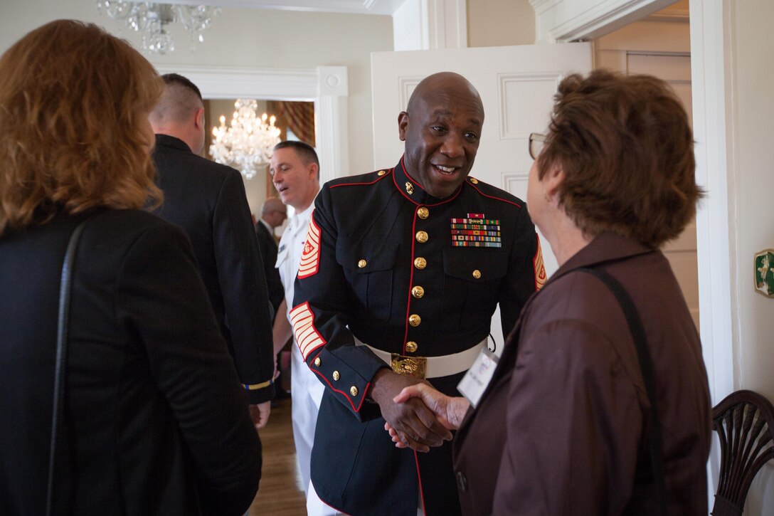 Sgt. Maj. Ronald L. Green, the 18th Sergeant Major of the Marine Corps, attends a reception for the 8th annual awards luncheon announcing the 2015 Military Spouse of the Year at the  Tingey House, Washington Navy Yard, D.C., May 8, 2015. (U.S. Marine Corps photo by Sgt. Melissa Marnell) 