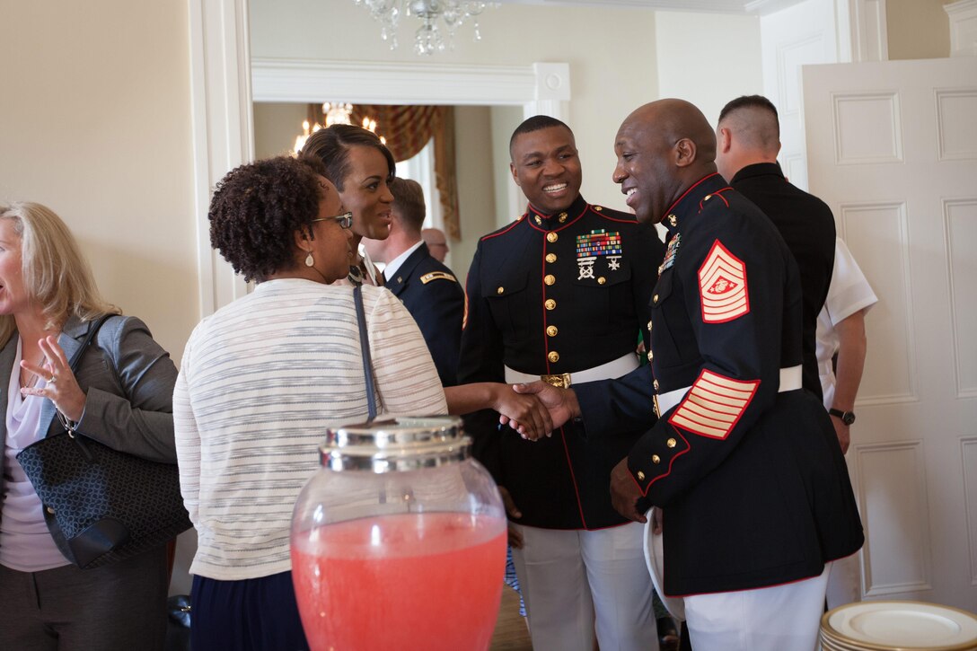 Sgt. Maj. Ronald L. Green, the 18th Sergeant Major of the Marine Corps, attends a reception for the 8th annual awards luncheon announcing the 2015 Military Spouse of the Year at the  Tingey House, Washington Navy Yard, D.C., May 8, 2015. (U.S. Marine Corps photo by Sgt. Melissa Marnell) 
