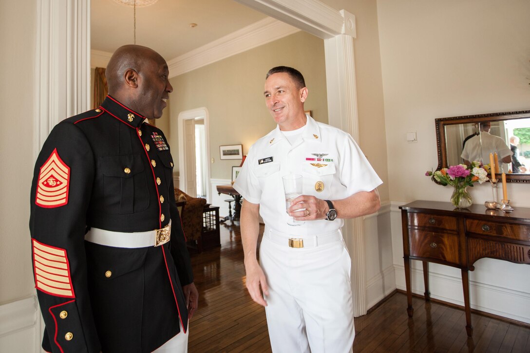Sgt. Maj. Ronald L. Green, the 18th Sergeant Major of the Marine Corps, attends a reception for the 8th annual awards luncheon announcing the 2015 Military Spouse of the Year at the  Tingey House, Washington Navy Yard, D.C., May 8, 2015. (U.S. Marine Corps photo by Sgt. Melissa Marnell) 
