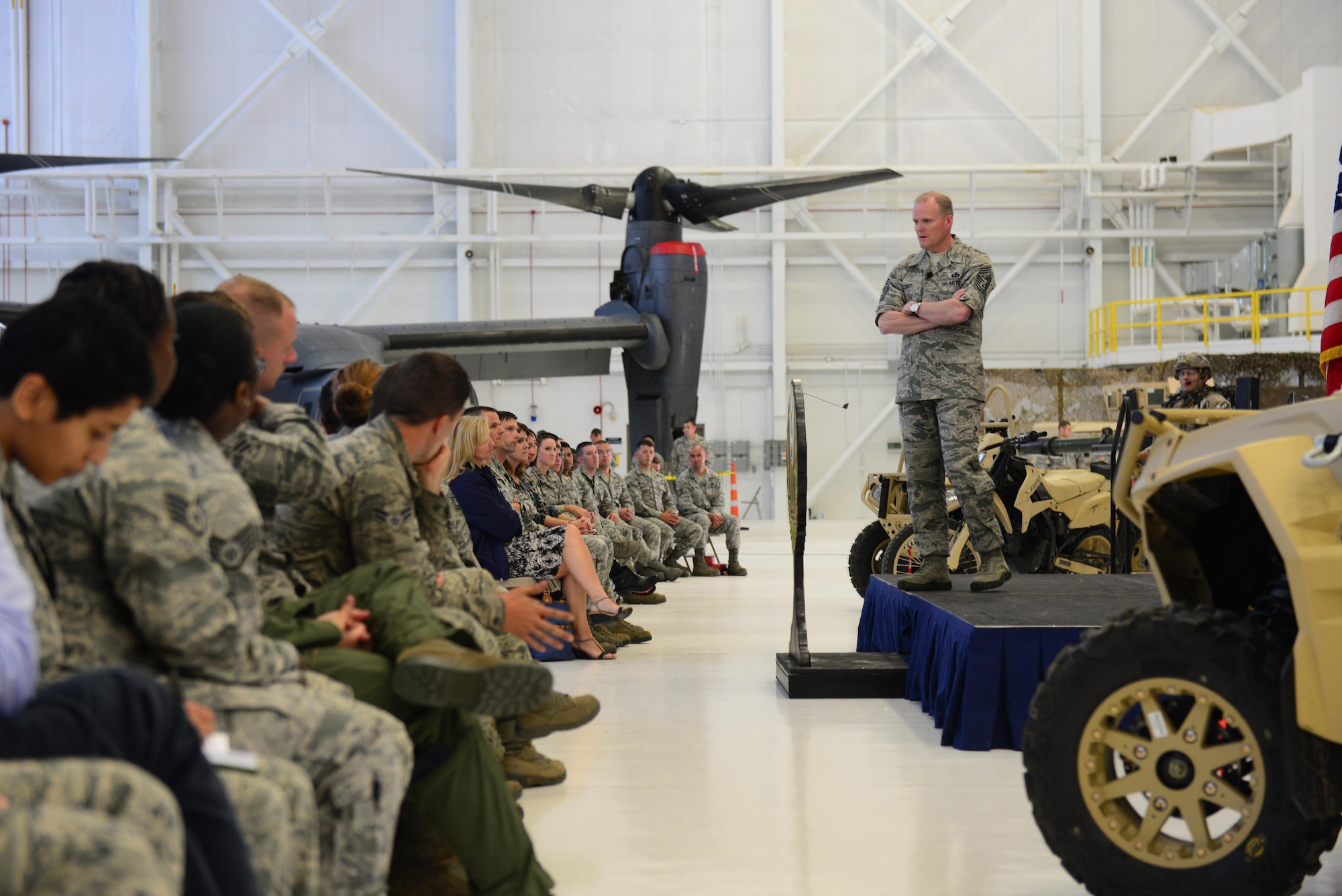 Chief Master Sergeant of the Air Force James Cody briefs Air Commandos during an All Call on May 5, 2015 at Cannon Air Force Base, N.M. Cody toured Cannon to experience the 27th Special Operations Wing mission, meet Air Commandos and discuss common concerns such as the enlisted promotion system, changes to Air Force retirements, and strategies for resiliency. (U.S. Air Force Photo/Airman 1st Class Shelby Kay-Fantozzi)