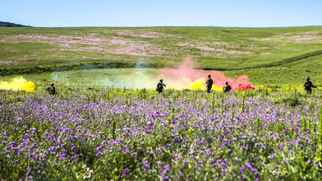 U.S. Marines from Special-Purpose Marine Air-Ground Task Force Crisis Response-Africa assault a simulated enemy position at a training range in Sierra Del Retin, Spain, May 6, 2015. The Marines used colored smoke to signal different maneuvers while maintaining a constant base of fire to support their movements.