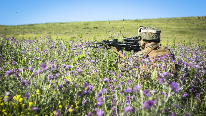 U.S. Marine Lance Cpl. Nicholas Constantino, a rifleman from Special-Purpose Marine Air-Ground Task Force Crisis Response-Africa, provides cover for his platoon during a platoon-sized assault at a training range in Sierra Del Retin, Spain, May 6, 2015. The Marines spent three days at the range honing their ability to conduct coordinated assaults on enemy positions. 