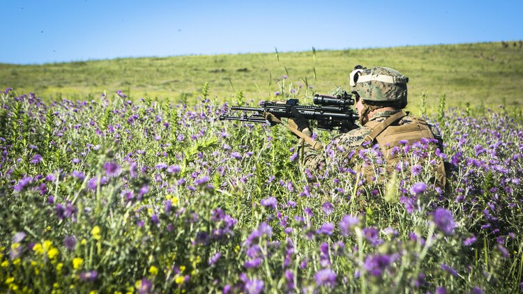 U.S. Marine Lance Cpl. Nicholas Constantino, a rifleman from Special-Purpose Marine Air-Ground Task Force Crisis Response-Africa, provides cover for his platoon during a platoon-sized assault at a training range in Sierra Del Retin, Spain, May 6, 2015. The Marines spent three days at the range honing their ability to conduct coordinated assaults on enemy positions. 