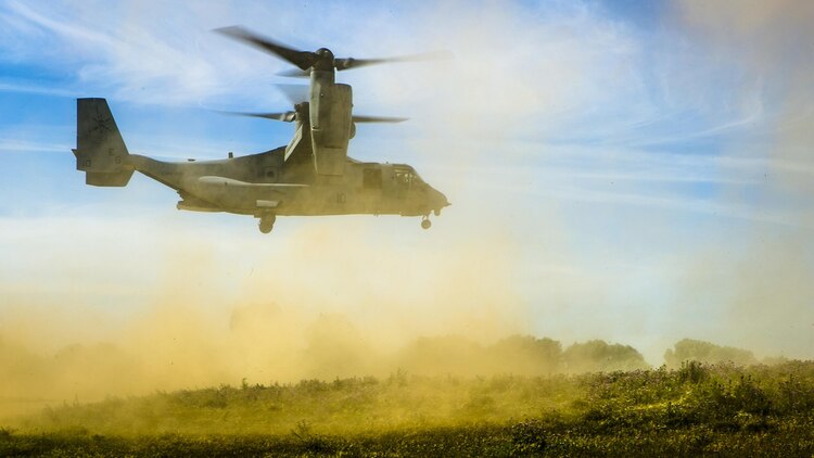A U.S. Marine MV-22B Osprey from Special-Purpose Marine Air-Ground Task Force Crisis Response-Africa lands at a training range in Sierra Del Retin, Spain, May 6, 2015. Two Ospreys transported a platoon of Marines after a three-day training exercise back to Morón Air Base, Spain, where the unit is positioned as a crisis-response force for Africa. 