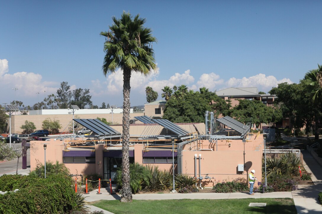 The Consolidated Bachelors Quarters laundry facilities installed solar panels aboard Marine Corps Air Station Miramar, Calif. The solar panels heat water before it enters the boilers to conserve energy.


