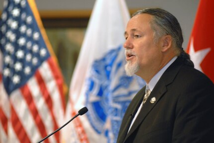 Danny Garceau, chairman of Society of American Indian Government Employees and a descendant of Lake Superior-area Chippewa, speaks during the Native American Observance ceremony at the Army Guard Readiness Center in Arlington, Va., Nov. 18, 2010. Garceau, a retired Michigan National Guard member, can trace his ancestry back to his great, great grandfather Animodoskwan, who was a chief in the Chippewa nation.