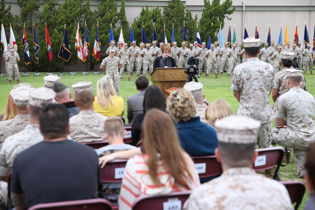 Special Guest Maggie Coleman, widow of World War II and Korean War Veteran Joe Coleman, attended an evening colors ceremony aboard Marine Corps Air Station Miramar. Coleman spoke to more than 1,000 Marines and guests to show her appreciation for military spouses.