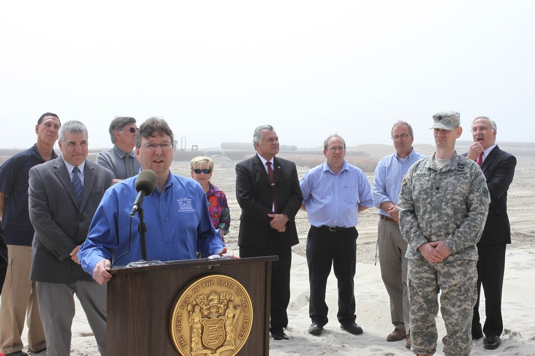 Keith Watson, a Project Manager for the U.S. Army Corps of Engineers' Philadelphia District answered questions during a May 7 media event with Congressman LoBiondo, the New Jersey Department of Environmental Protection, local communities, and contractor Great Lakes Dredge & Dock Company. The event kicked off construction of the Long Beach Island Storm Damage Reduction Project, which is designed to reduce damages from future storm events.