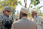 Chief Master Sgt. Don Kuehl of the Iowa National Guard's 734th Agri-Business Development Team meets with local farmers at the proposed site of a demonstration farm near the Sarkani District Center in Afghanistan's Kunar Province.