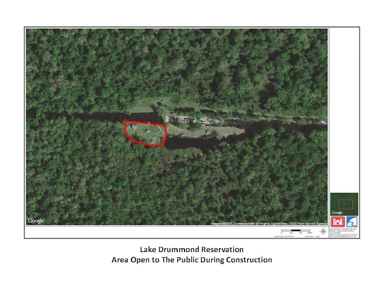 Approximately one-half acre on the west side of the Lake Drummond Reservation will remain open to public visitation during scheduled construction maintenance.