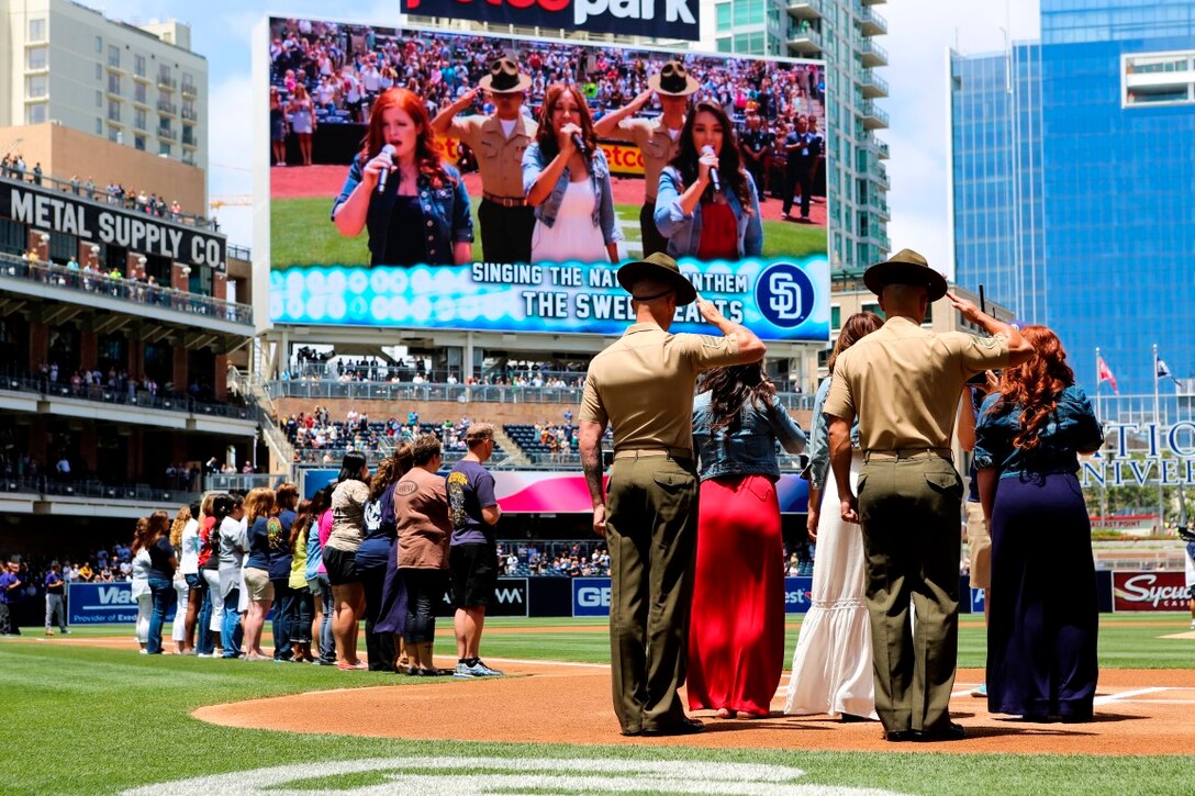 A military spouse appreciation ceremony was held on to the baseball field at Petco Park Stadium, San Diego, May 3, 2015. The San Diego Padres honored the spouses before the game. (U.S. Marine Corps photo by Lance Cpl. April Price)