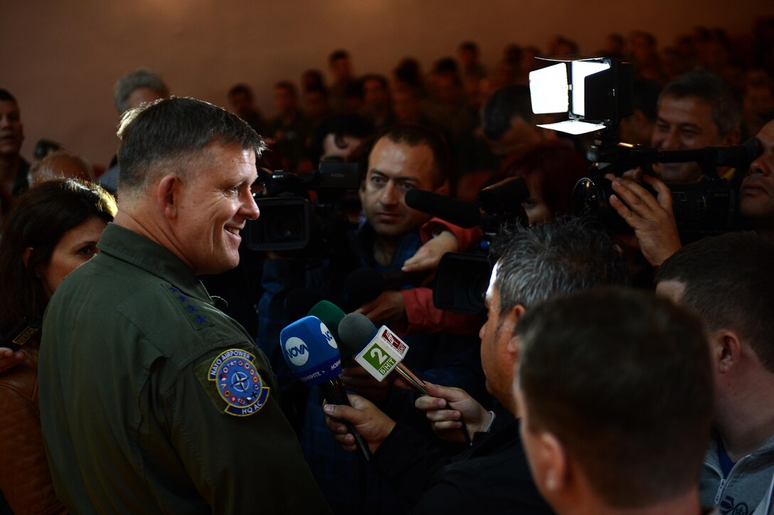 Gen. Frank Gorenc, the U.S. Air Forces in Europe and Air Forces Africa commander, answers questions about the mission and future of Europe's first-ever theater security package from local media during a visit to Graf Ignatievo Air Base, Bulgaria, May 11, 2015. TSP deployments and combined training with allies and partners demonstrate USAFE's commitment to its allies and its investment in maintaining security and stability. (U.S. Air Force photo/Senior Airman Gustavo Castillo)