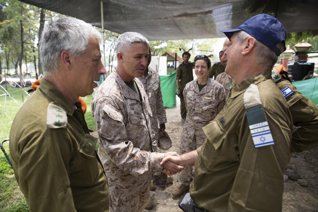 U.S. Marine Brig. Gen. Paul Kennedy, deputy commander of Joint Task Force 505, meets Israel Defense Force personnel at the IDF camp in Kathmandu, Nepal May 8. The IDF set up a field hospital capable of performing small surgeries. Israel, along with many other countries around the world, came to support the Nepal earthquake relief operation after Nepal was struck by a 7.8 magnitude earthquake April 25.